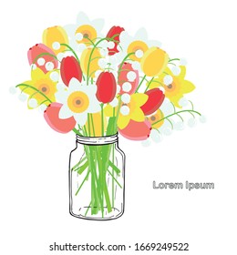 Lily of the valley, tulip, daffodil in jar. Art spring red, pink, yellow white flowers design element object isolated stock vector illustration for web, for print
