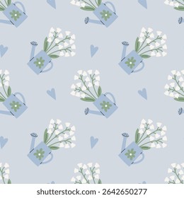 Lily of the Valley and Watering Can Seamless Pattern. Romantic floral background with garden equipment and heart shapes. Pastel colored repeat vector illustration