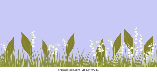Lily of the valley,Convallaria majalis, vector drawing flowers at blue background, hand drawn botanical illustration