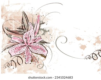 Lily. Vector grunge floral background. See similar pictures in my portfolio.