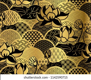 lily water lotus vector japanese chinese seamless pattern design gold black