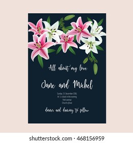 Lily Wedding card or invitation template.pink and white lily flowers elements and calligraphic letters.