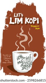 "Lim kopi" is a Hokkien-Malay term meaning "drink coffee," referring to traditional sweet, strong coffee with condensed milk, popular in Singapore and Malaysia. Drinking kopi in Singapore style.