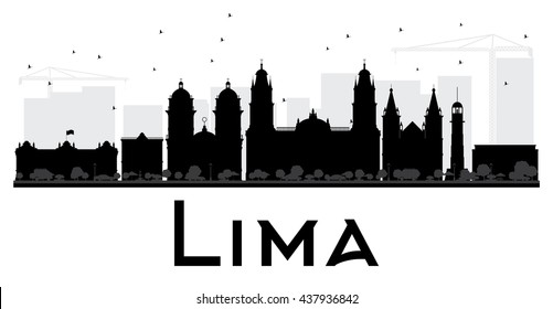 Lima City skyline black and white silhouette. Vector illustration. Simple flat concept for tourism presentation, banner, placard or web site. Cityscape with landmarks