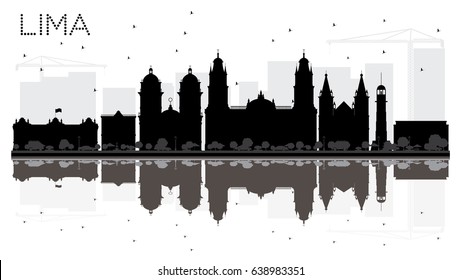 Lima City Skyline schwarz-weiß Silhouette mit Spiegelungen. Vektorgrafik. Einfaches flaches Konzept für touristische Präsentation, Banner, Plakate oder Website. Stadtlandschaft mit Sehenswürdigkeiten.