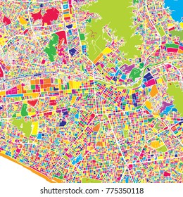 Lima, Lima District, Peru, colorful vector map.  White streets, railways and water. Bright colored landmark shapes. Art print pattern.