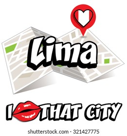 Lima. I Love That City. Vector Illustration with country flag.