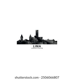 Panorama de Lima, insignia de Vector, logotipo e ícono del horizonte. Logotipo del horizonte de la ciudad capital de Perú con Lugares famosos y siluetas de construcción. Gráfico de gradiente abstracto brumoso aislado