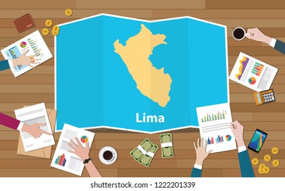 lima peru capital city region economy growth with team discuss on fold maps view from top vector illustration