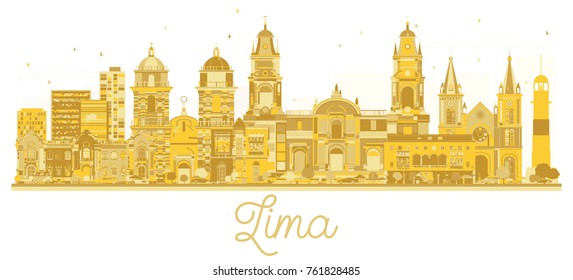 Lima Peru City Skyline Golden Silhouette. Vektorgrafik. Einfaches flaches Konzept für touristische Präsentation, Banner, Plakate oder Website. Stadtlandschaft mit Sehenswürdigkeiten.