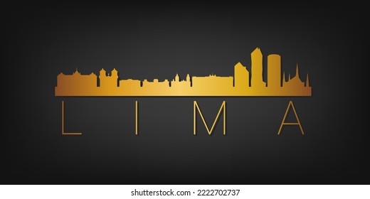 Lima, Peru Gold Skyline City Silhouette Vector. Golden Design Luxury Style Icon Symbols. Travel and Tourism Famous Buildings.