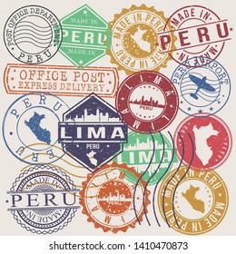 Lima Peru Set of Stamps. Travel Stamp. Made In Product. Design Seals Old Style Insignia.