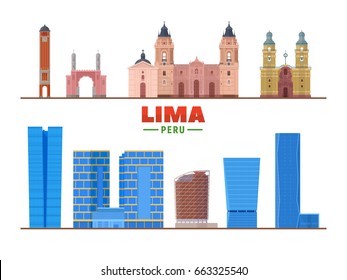 Lima (Peru) skyline landmarks in white background. Vector Illustration. Business travel and tourism concept with modern buildings. Image for presentation, banner, web site.