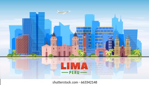 Lima (Peru) Skyline With Panorama In White Background. Vector Illustration. Business Travel And Tourism Concept With Modern Buildings. Image For Presentation, Banner, Web Site.