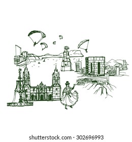 Lima Peru skyline . Places and Architecture around the World  - Collection of hand drawn illustrations  