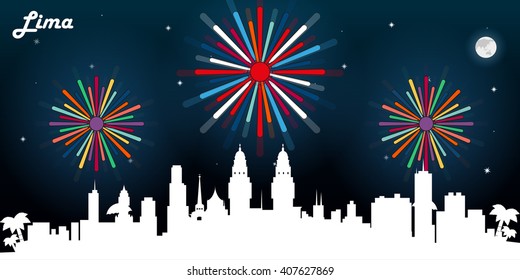 Lima Peru skyline silhouette, dark night sky with fireworks vector design