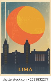 Lima Retro-Stadtplakat mit abstrakten Formen der Skyline, Gebäude. Peru Hauptstadt vintage Reise Vektorgrafik, Stadtlandschaft bei Sonnenaufgang, Sonnenuntergang