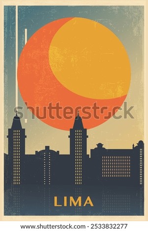 Lima retro city poster with abstract shapes of skyline, buildings. Peru capital vintage travel vector illustration, cityscape at sunrise, sunset
