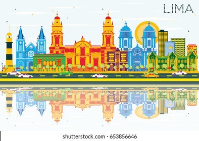 Lima Skyline mit Color Buildings, Blue Sky und Reflections. Vektorgrafik. Business Travel and Tourism Konzept mit Lima City. Bild für Präsentationsbanner-Platzierung und Website.