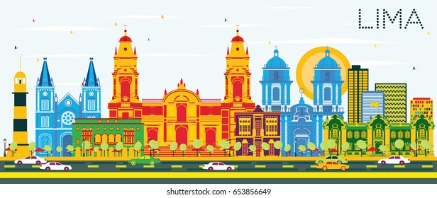 Lima Skyline mit Color Buildings und Blue Sky. Vektorgrafik. Business Travel and Tourism Konzept mit Lima City. Bild für Präsentationsbanner-Platzierung und Website.