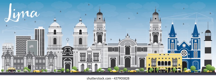 Lima Skyline with Gray Buildings and Blue Sky. Vector Illustration. Business Travel and Tourism Concept with Lima City. Image for Presentation Banner Placard and Web Site.