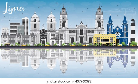 Lima Skyline mit grauen Gebäuden, blauem Himmel und Spiegelungen. Vektorgrafik. Business Travel and Tourism Konzept mit Lima City. Bild für Präsentationsbanner-Platzierung und Website.