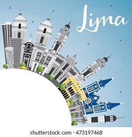 Lima Skyline with Gray Buildings, Blue Sky and Copy Space. Vector Illustration. Business Travel and Tourism Concept with Lima City. Image for Presentation Banner Placard and Web Site.