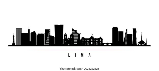 Lima Skyline horizontaler Banner. Schwarz-Weiß-Silhouette von Lima, Peru. Vektorvorlage für Ihr Design. 