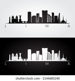 Lima skyline and landmarks silhouette, black and white design, vector illustration.