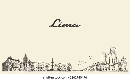 Lima skyline, Peru, hand drawn vector illustration, sketch