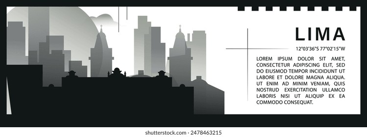 Lima Skyline Vektorgrafik Banner, schwarz-weiß minimalistische Stadtbild Silhouette. Peru Hauptstadt Horizontale Grafik, Reise-Infografik, monochromes Layout für die Website