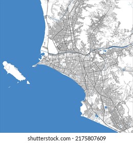 Lima-Vektorkarte. Detaillierte Karte der Stadtverwaltung Limas. Stadtlandpanorama. Lizenzfreie Vektorgrafik. Straßenkarte mit Autobahnen, Flüssen.