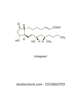 Limaprost flat skeletal molecular structure Prostaglandin analogue drug used in peripheral vascular disease treatment. Vector illustration scientific diagram.