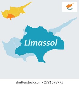Limassol Cyprus Map and Flag .Second-Largest City of Cyprus, Southern Coast. Lemesos, Historical Landmarks, Richard the Lionheart and Medieval Castle Vector Outline.,
