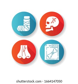 Limb and body injuries flat design long shadow glyph icons set. Broken foot. Cranial bone, nose break. Hurt skull. Nasal fracture. X-ray, MRI scan. Healthcare. Silhouette RGB color illustration