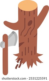 Limbing oder Abgrenzung isometrisches Konzept, Entfernen von Zweigen aus einem stehenden oder umgestürzten Baumstamm Vektor Symbol Design, Holz und Holz Symbol, Wald Entwaldung Produkte Schild, Mühlen Hof und Sägewerke