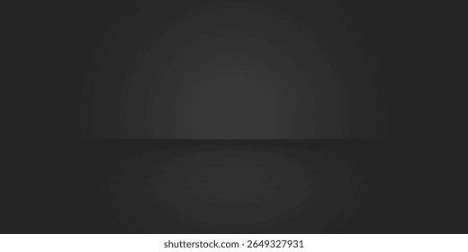 schwarzer Hintergrund. Abstrakter dunkler Farbverlauf. Farbwand von Studio, Raum, Ständer für Produktpräsentation oder Foto. Modernes Banner mit leerem Platz für Werbetexte. Vektorgrafik