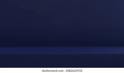 Fundo da cena azul-marinho limbo. Fundo de gradiente escuro abstrato. Exibição para apresentação do produto. Estúdio ou maquete de quarto com prateleira. Ilustração de vetor realista