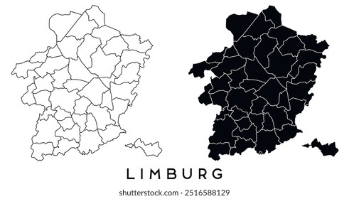 Limburg map of regions districts vector black on white and outline