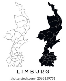 Limburg, Netherlands map of regions districts vector black on white and outline