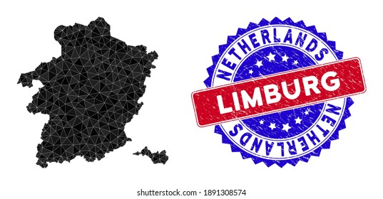 Limburg Province map polygonal mesh with filled triangles, and scratched bicolor stamp seal. Triangle mosaic Limburg Province map with mesh vector model, triangles have various sizes, and positions,