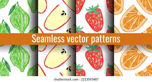 Lime, apple, strawberry and orange fruit sketch. Seamless pattern set. Hand drawn vector illustration. Pen or marker fruits