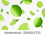 Lime background. Flying whole, half and slices of fresh lime. Unfocused and blurry effect. Can be used for wallpaper, banner, poster, print, fabric, wrapping paper. Realistic 3d vector illustration.