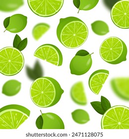 Lime background. Flying whole, half and slices