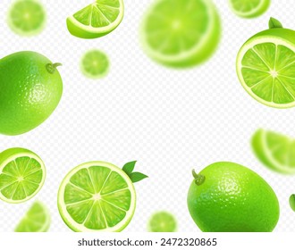 Lime background. Mojito citrus drink. Flying blurred green lime fruits isolated. Realistic 3d illustration.