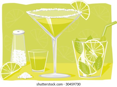 Lime based cocktails on a green background - mojito, tequila shot and margarita