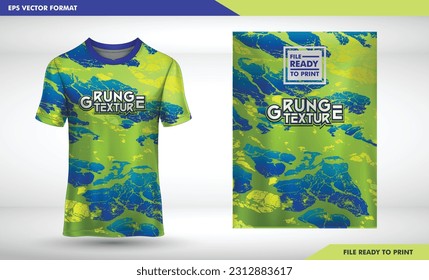 lime and blue color grunge texture t-shirt sport design template with abstract line halftone pattern for soccer jersey. Sport uniform in front view. Tshirt mock up for sport club. Vector Illustration