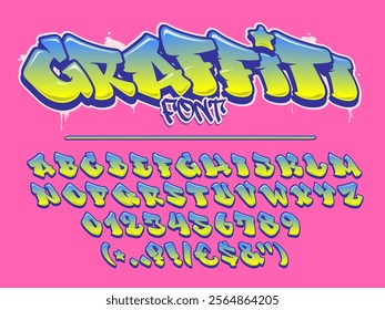 Lime and blue graffiti vector font. Capital letters, numbers and glyps alphabet. Fully customizable colors.