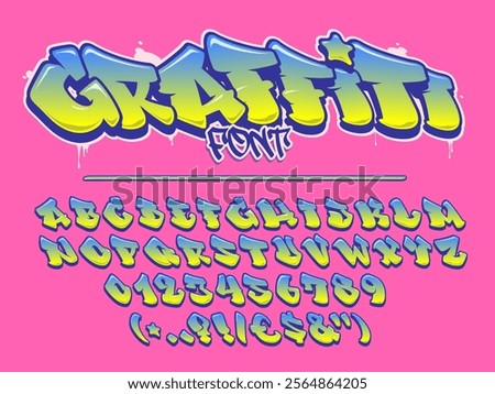 Lime and blue graffiti vector font. Capital letters, numbers and glyps alphabet. Fully customizable colors.