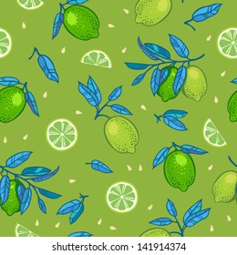 Lime with blue leaves on green background seamless vector pattern.